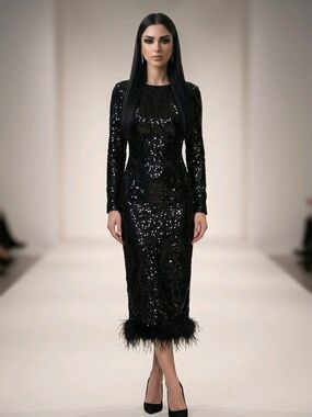 Black Sequin Long Sleeve Midi Dress with Feather Hem